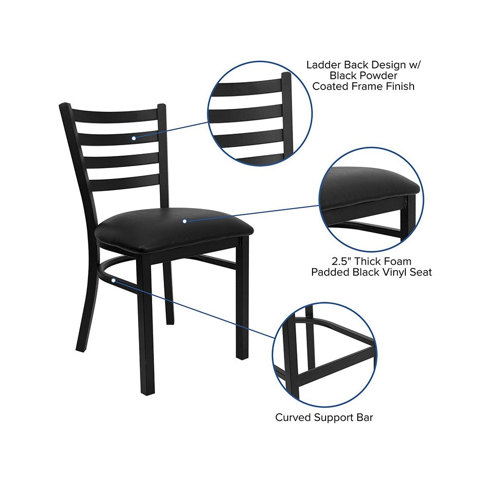 Black Ladder Back Metal Restaurant Chair - Black Vinyl Seat