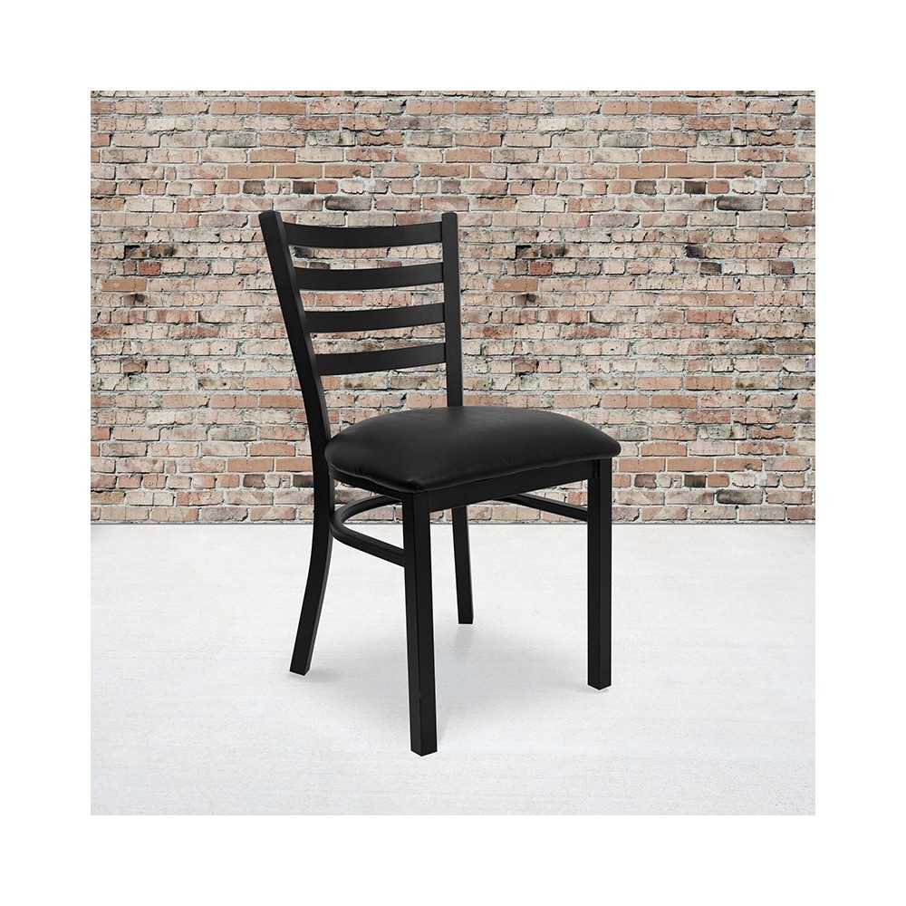 Black Ladder Back Metal Restaurant Chair - Black Vinyl Seat