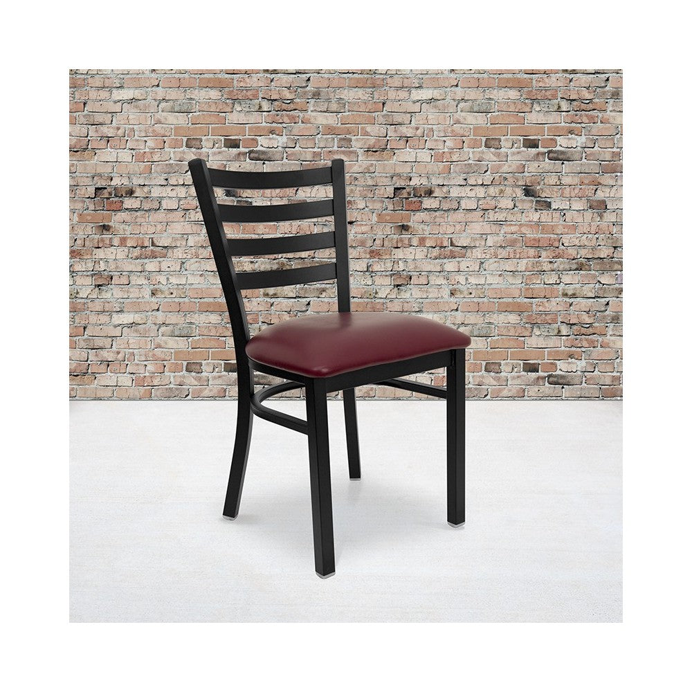 Black Ladder Back Metal Restaurant Chair - Burgundy Vinyl Seat