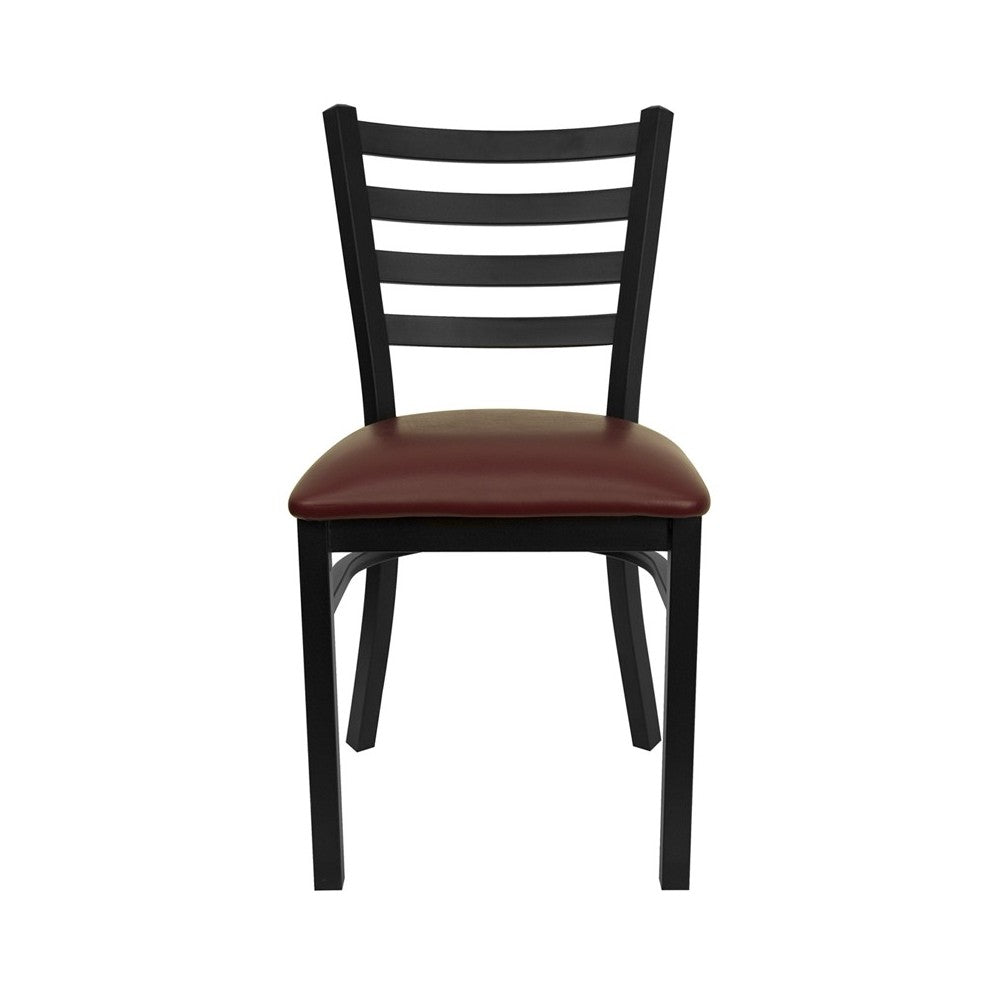 Black Ladder Back Metal Restaurant Chair - Burgundy Vinyl Seat