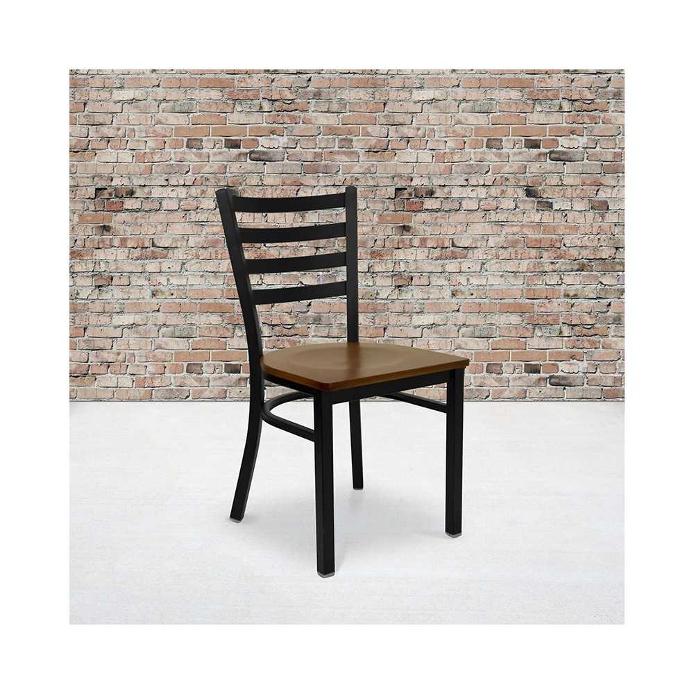 Black Ladder Back Metal Restaurant Chair - Cherry Wood Seat