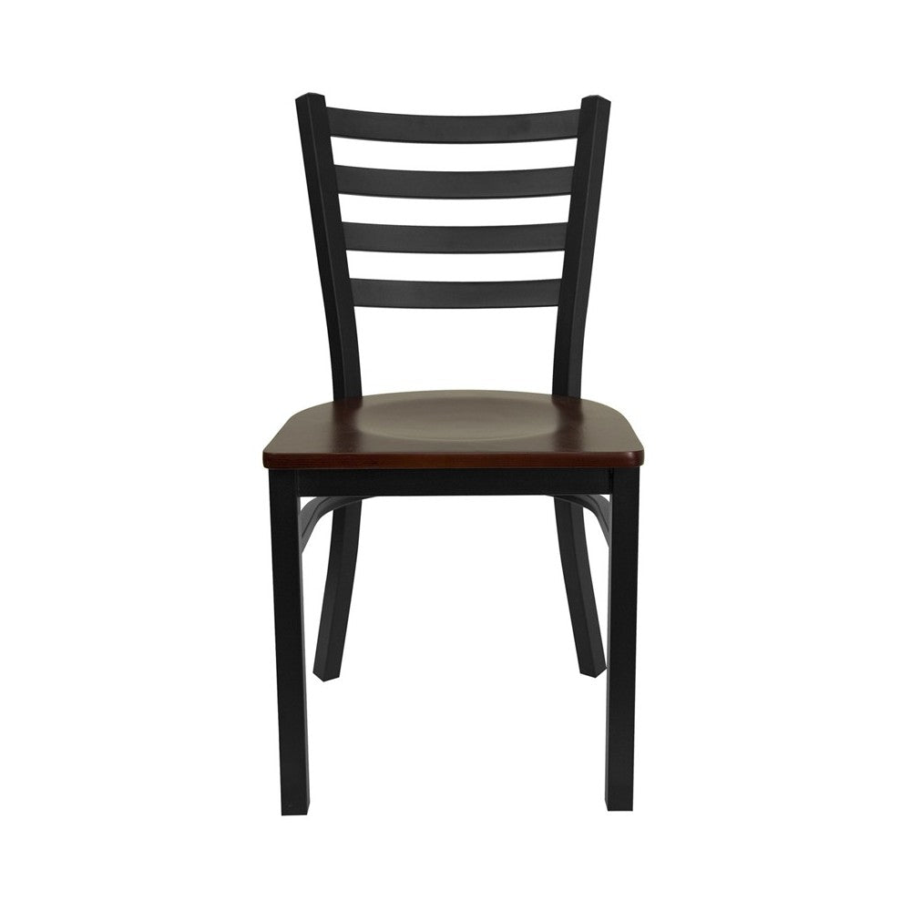 Black Ladder Back Metal Restaurant Chair - Mahogany Wood Seat