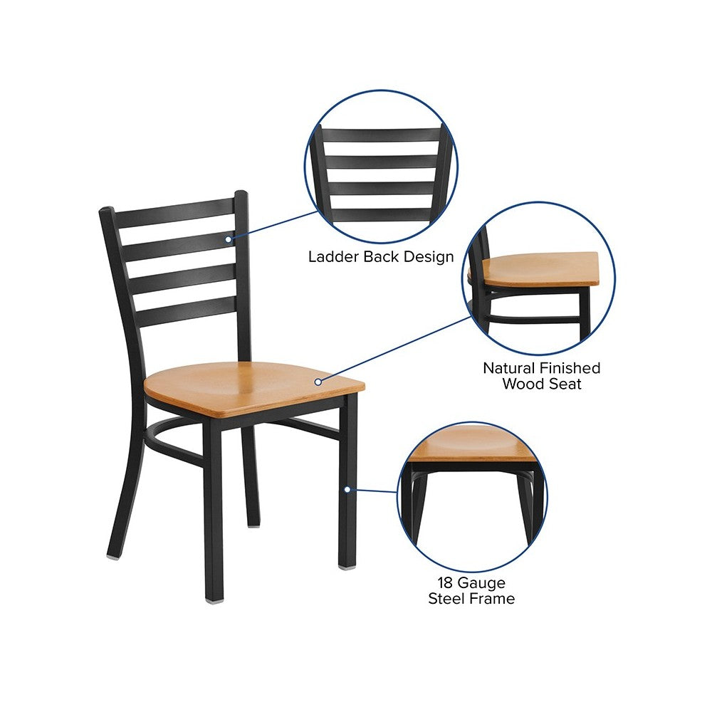 Black Ladder Back Metal Restaurant Chair - Natural Wood Seat