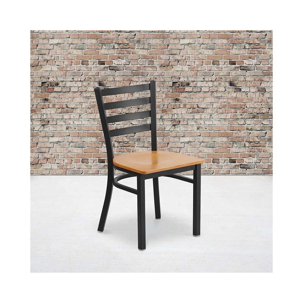 Black Ladder Back Metal Restaurant Chair - Natural Wood Seat