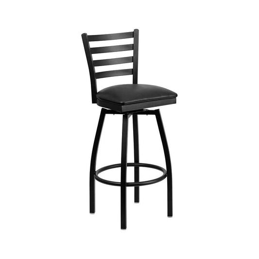 Black Ladder Back Swivel Metal Barstool - Black Vinyl Seat