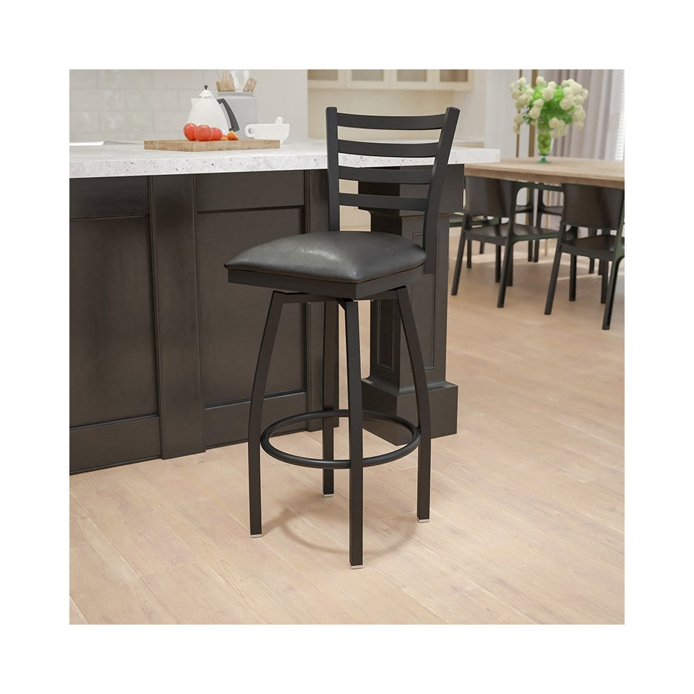 Black Ladder Back Swivel Metal Barstool - Black Vinyl Seat