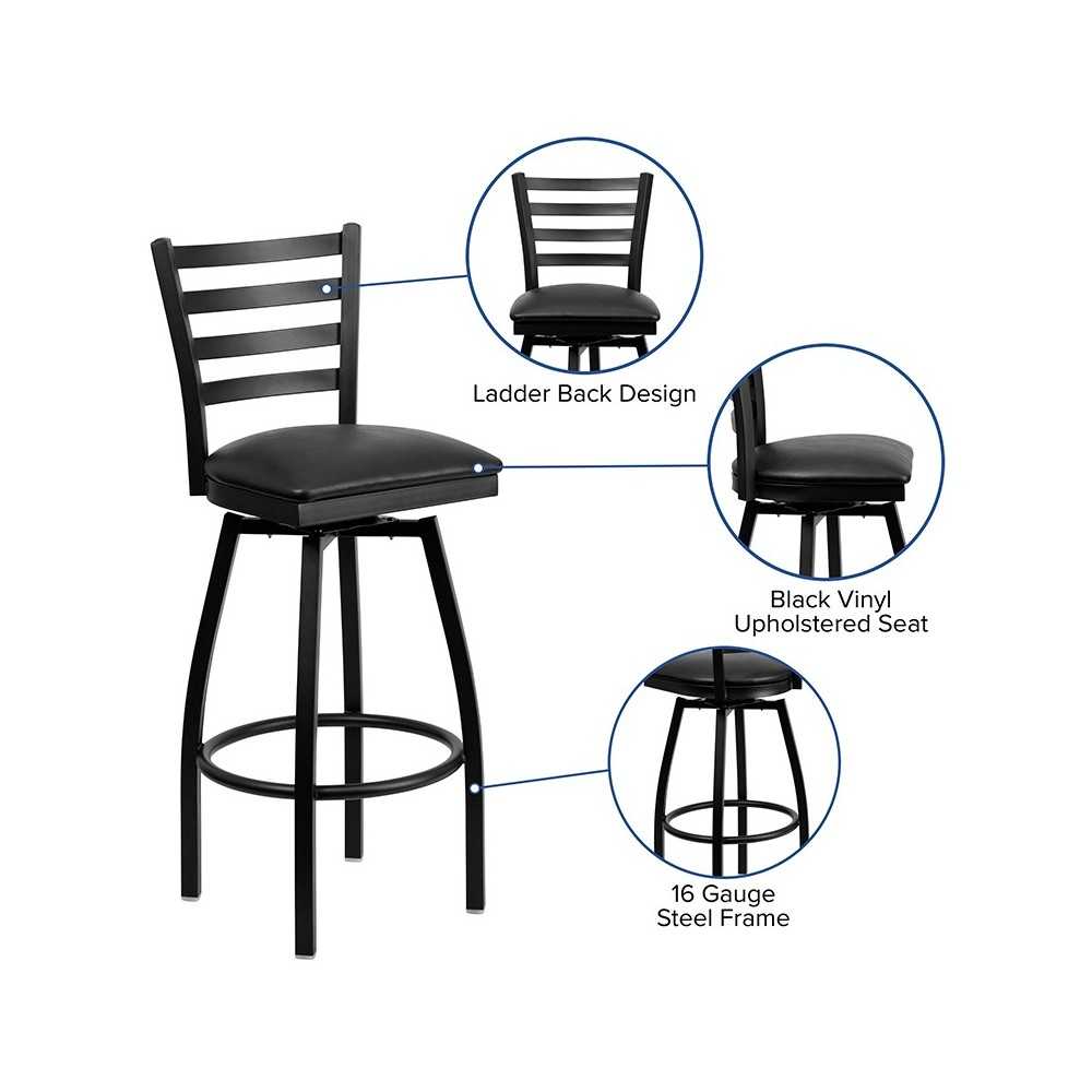 Black Ladder Back Swivel Metal Barstool - Black Vinyl Seat
