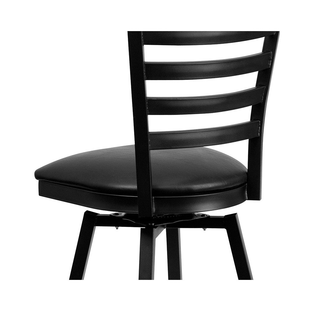 Black Ladder Back Swivel Metal Barstool - Black Vinyl Seat