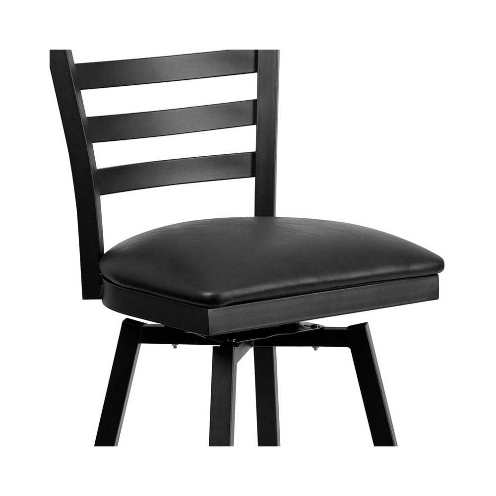 Black Ladder Back Swivel Metal Barstool - Black Vinyl Seat