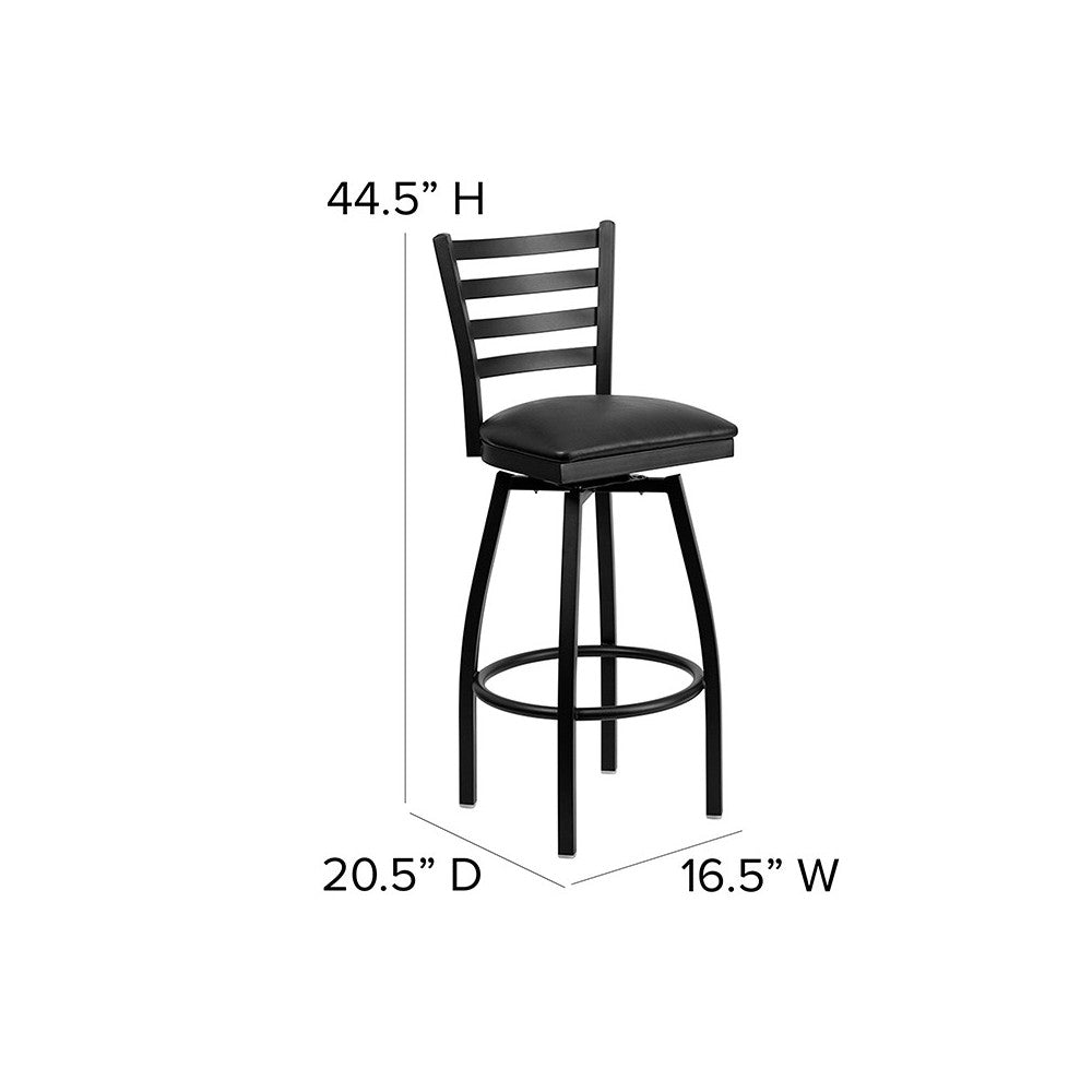 Black Ladder Back Swivel Metal Barstool - Black Vinyl Seat