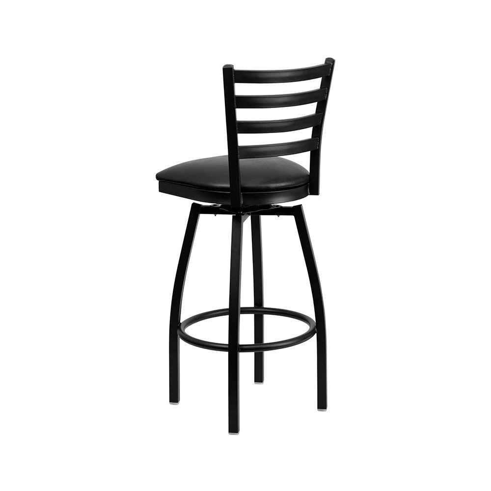 Black Ladder Back Swivel Metal Barstool - Black Vinyl Seat