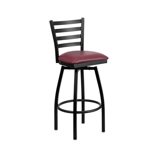Black Ladder Back Swivel Metal Barstool - Burgundy Vinyl Seat