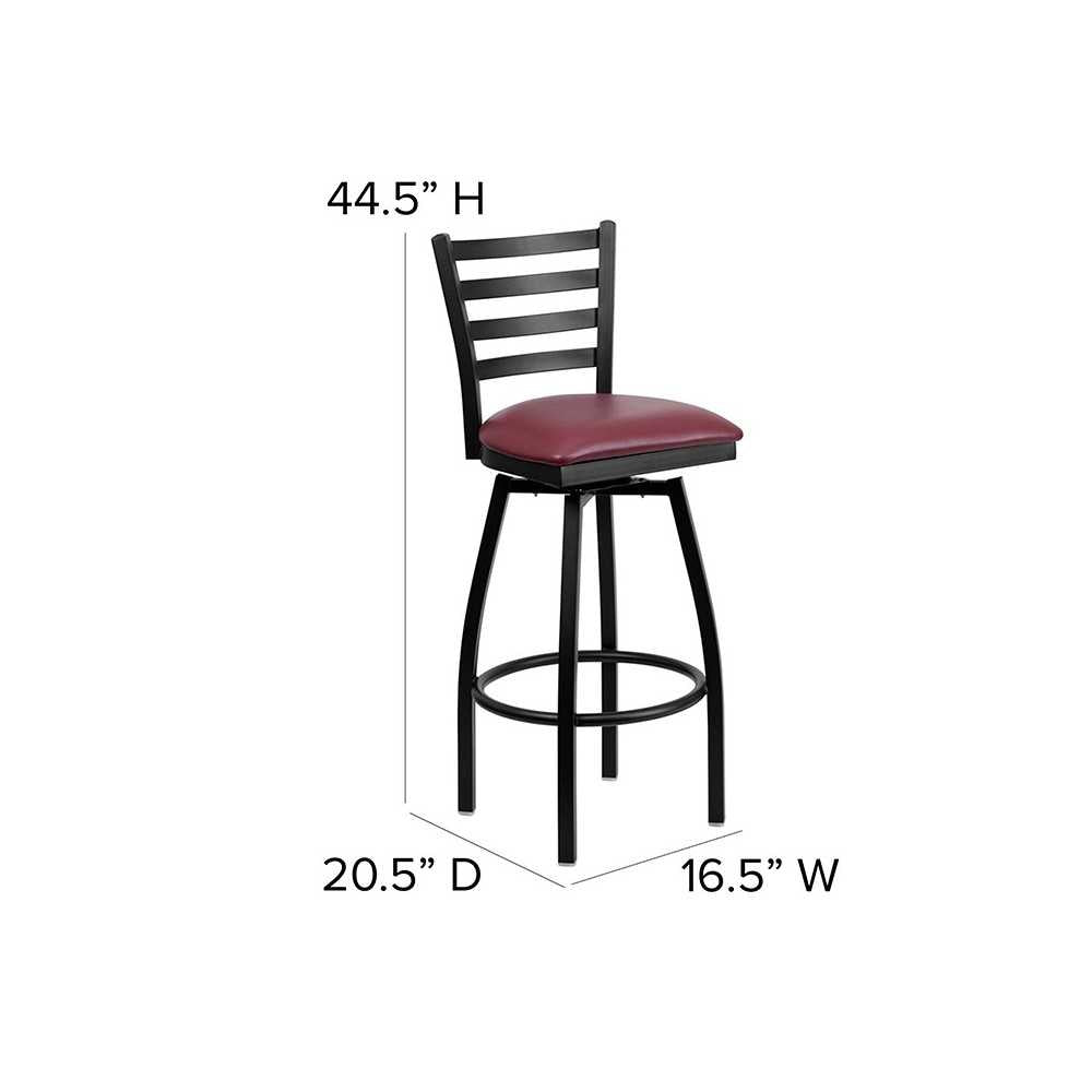 Black Ladder Back Swivel Metal Barstool - Burgundy Vinyl Seat