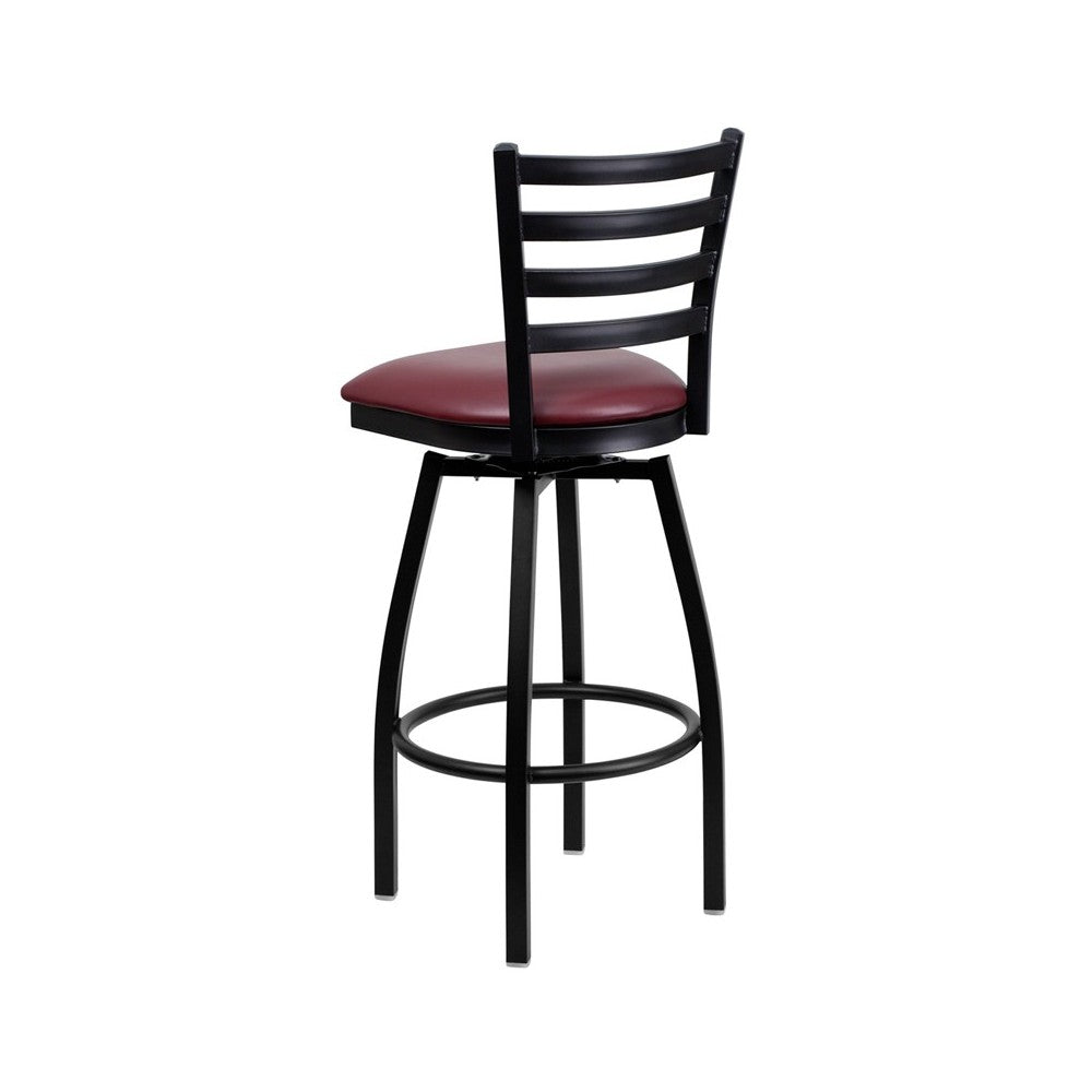 Black Ladder Back Swivel Metal Barstool - Burgundy Vinyl Seat