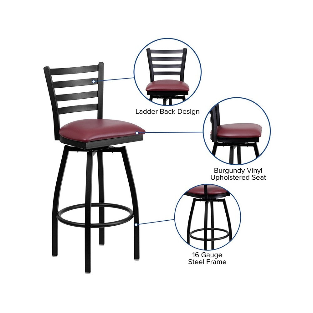 Black Ladder Back Swivel Metal Barstool - Burgundy Vinyl Seat