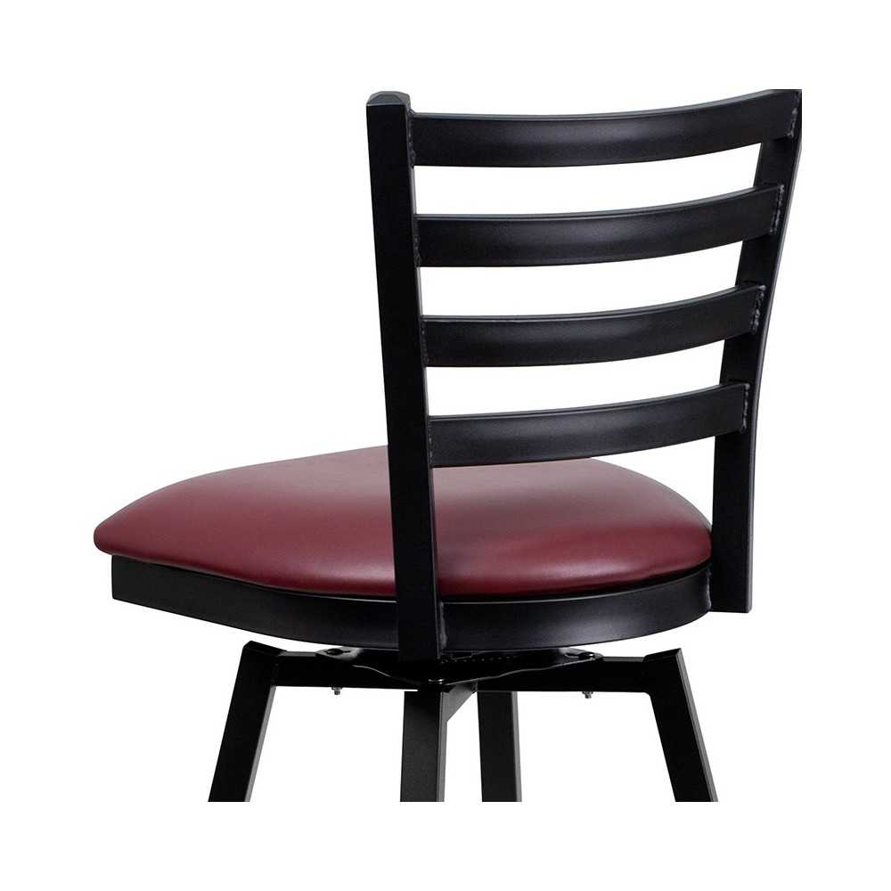 Black Ladder Back Swivel Metal Barstool - Burgundy Vinyl Seat