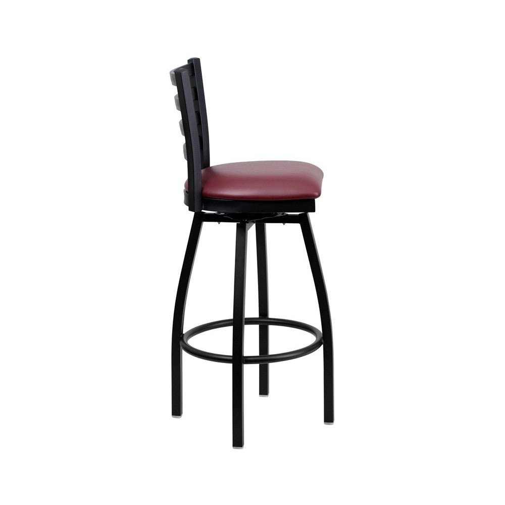 Black Ladder Back Swivel Metal Barstool - Burgundy Vinyl Seat