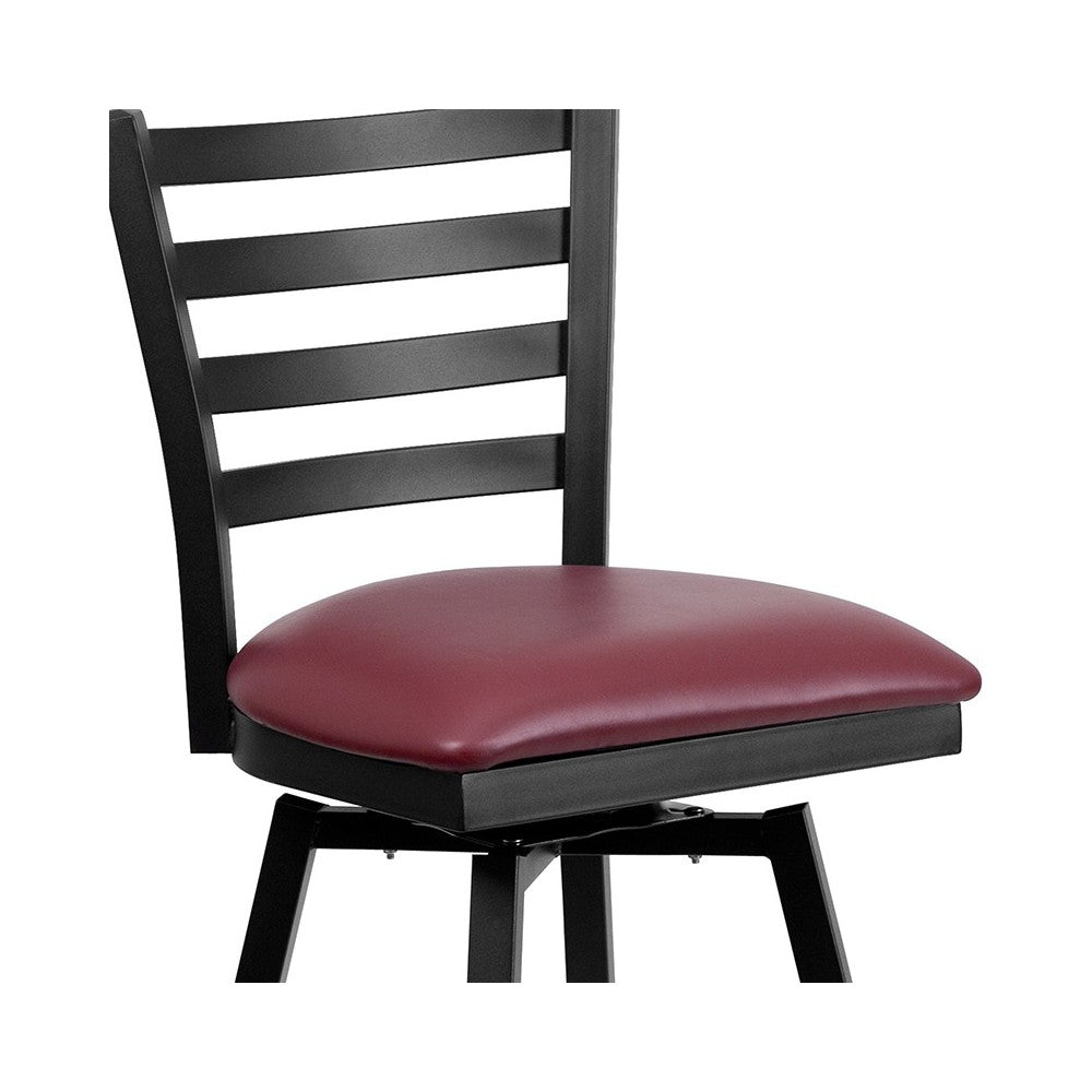 Black Ladder Back Swivel Metal Barstool - Burgundy Vinyl Seat