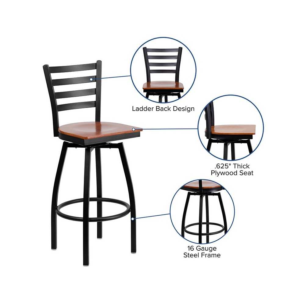 Black Ladder Back Swivel Metal Barstool - Cherry Wood Seat