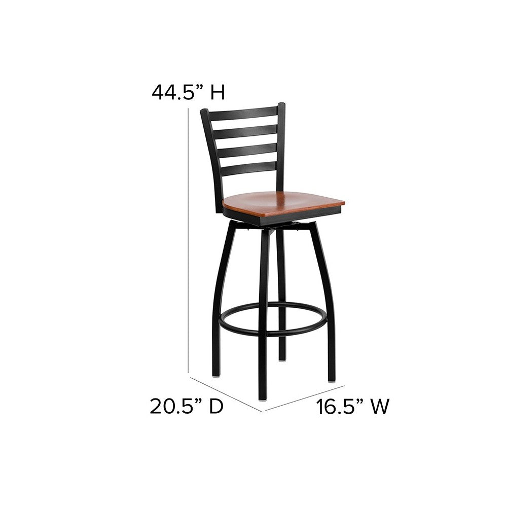 Black Ladder Back Swivel Metal Barstool - Cherry Wood Seat