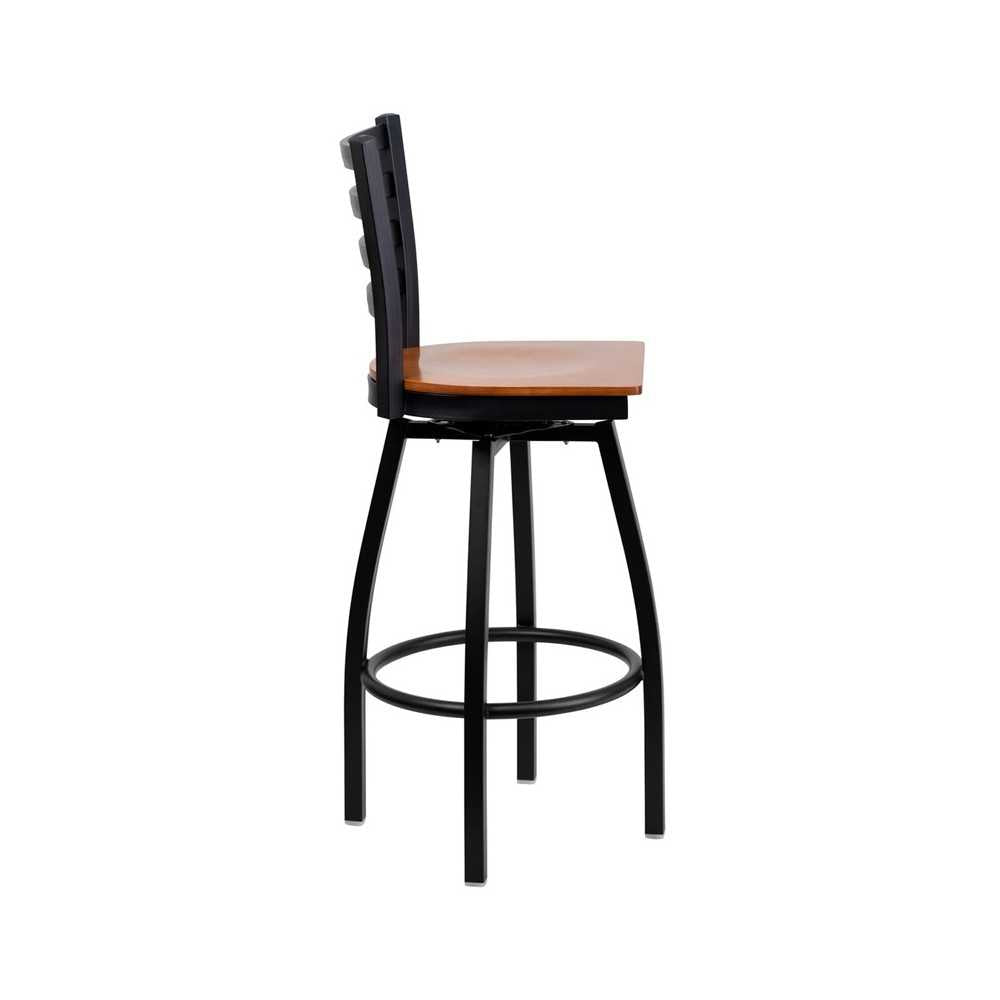 Black Ladder Back Swivel Metal Barstool - Cherry Wood Seat