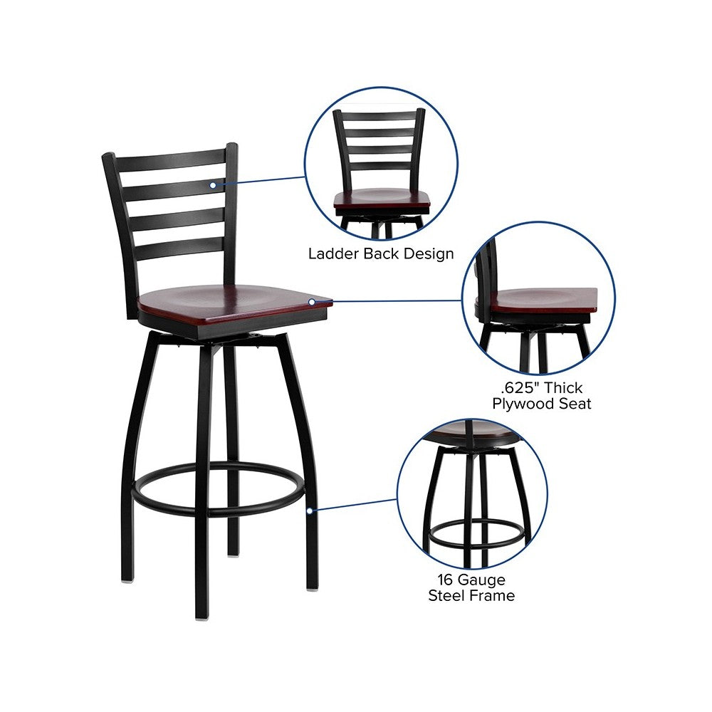 Black Ladder Back Swivel Metal Barstool - Mahogany Wood Seat