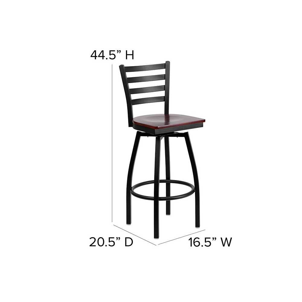 Black Ladder Back Swivel Metal Barstool - Mahogany Wood Seat