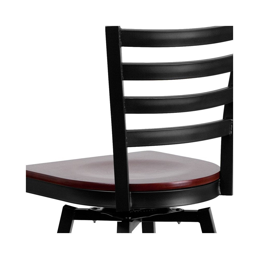 Black Ladder Back Swivel Metal Barstool - Mahogany Wood Seat