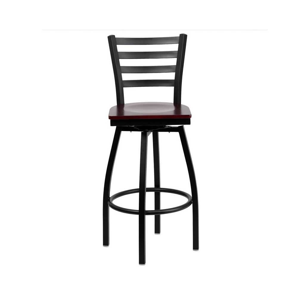 Black Ladder Back Swivel Metal Barstool - Mahogany Wood Seat