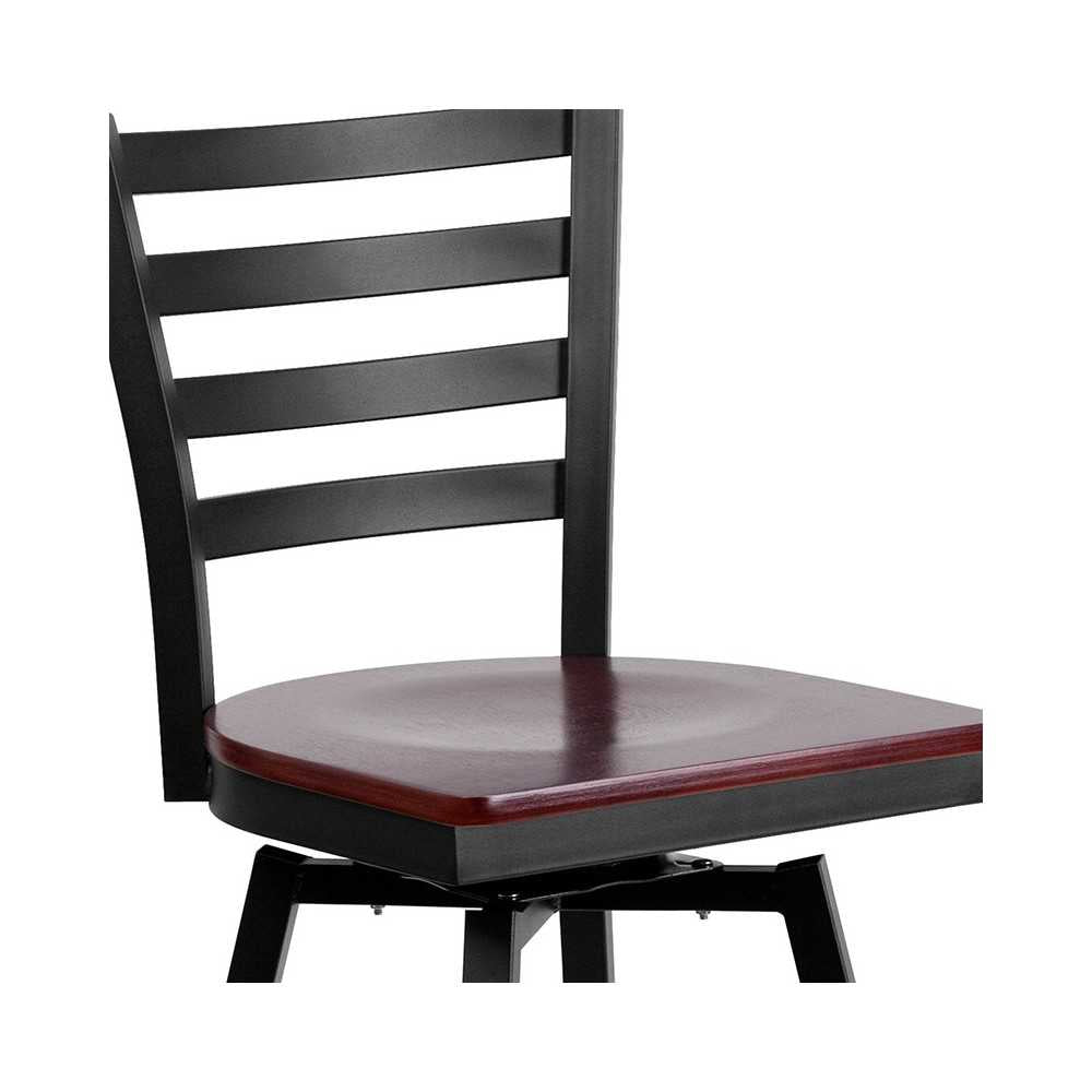 Black Ladder Back Swivel Metal Barstool - Mahogany Wood Seat