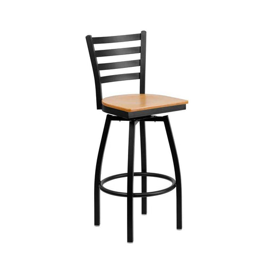 Black Ladder Back Swivel Metal Barstool - Natural Wood Seat