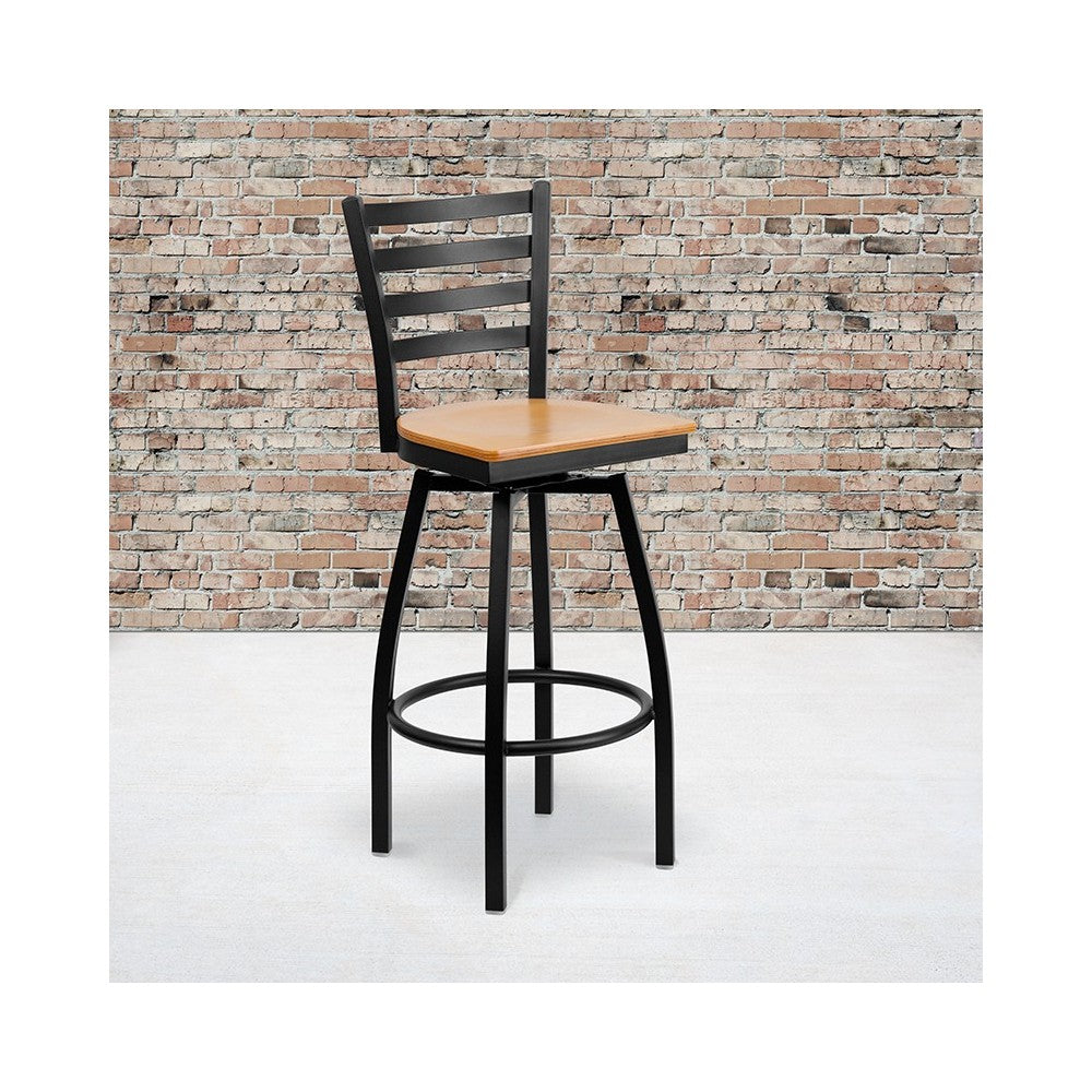 Black Ladder Back Swivel Metal Barstool - Natural Wood Seat