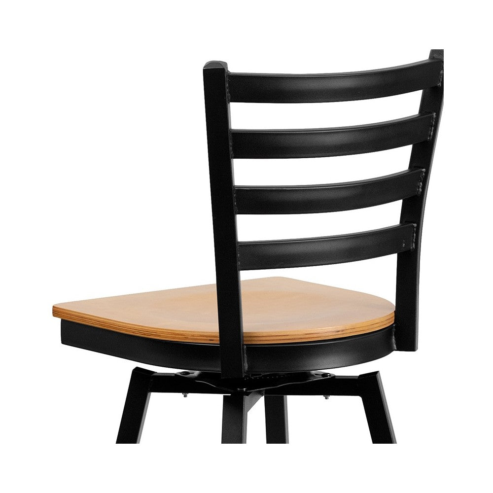 Black Ladder Back Swivel Metal Barstool - Natural Wood Seat