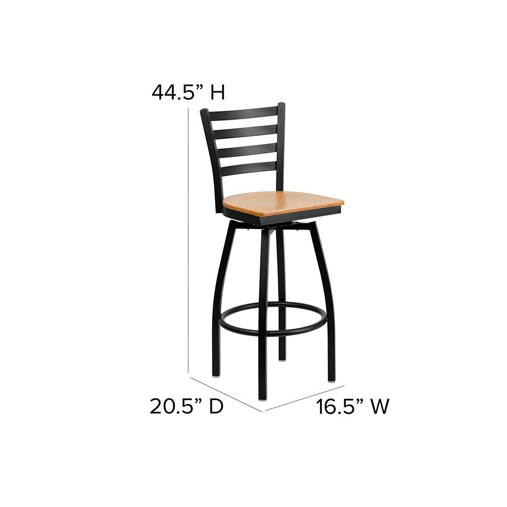 Black Ladder Back Swivel Metal Barstool - Natural Wood Seat