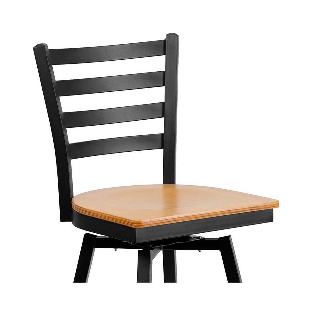 Black Ladder Back Swivel Metal Barstool - Natural Wood Seat