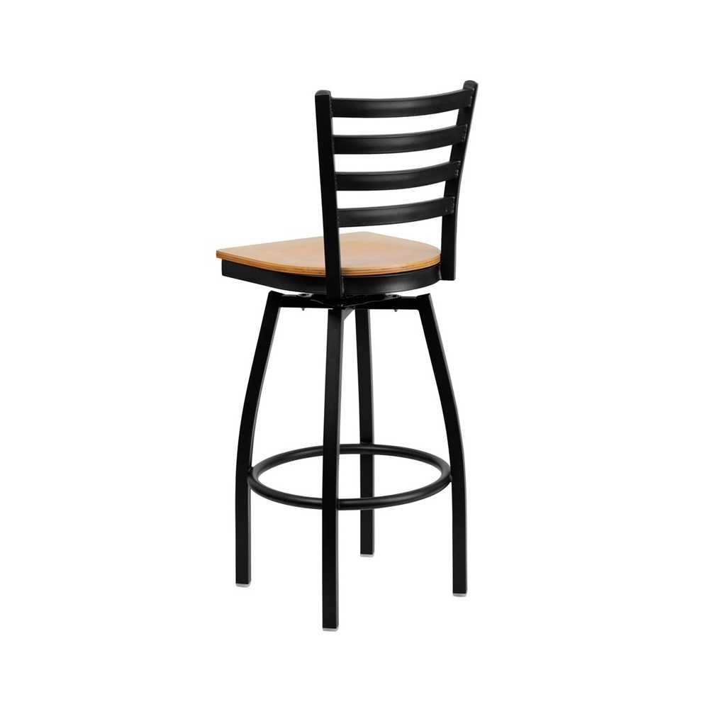 Black Ladder Back Swivel Metal Barstool - Natural Wood Seat