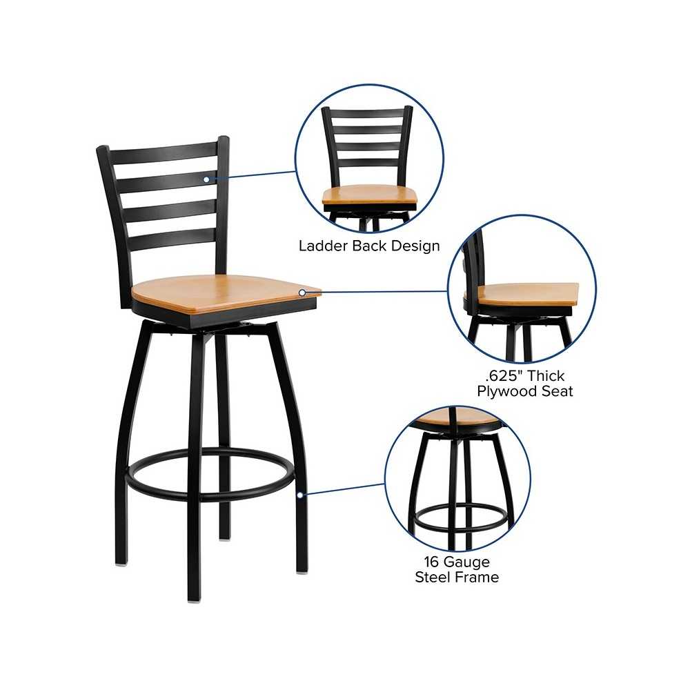 Black Ladder Back Swivel Metal Barstool - Natural Wood Seat