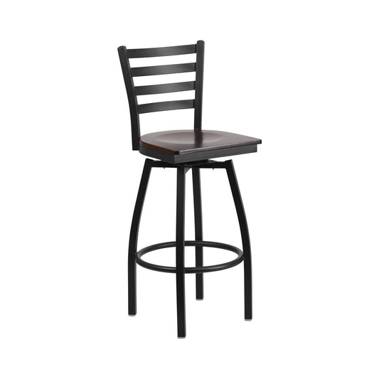 Black Ladder Back Swivel Metal Barstool - Walnut Wood Seat