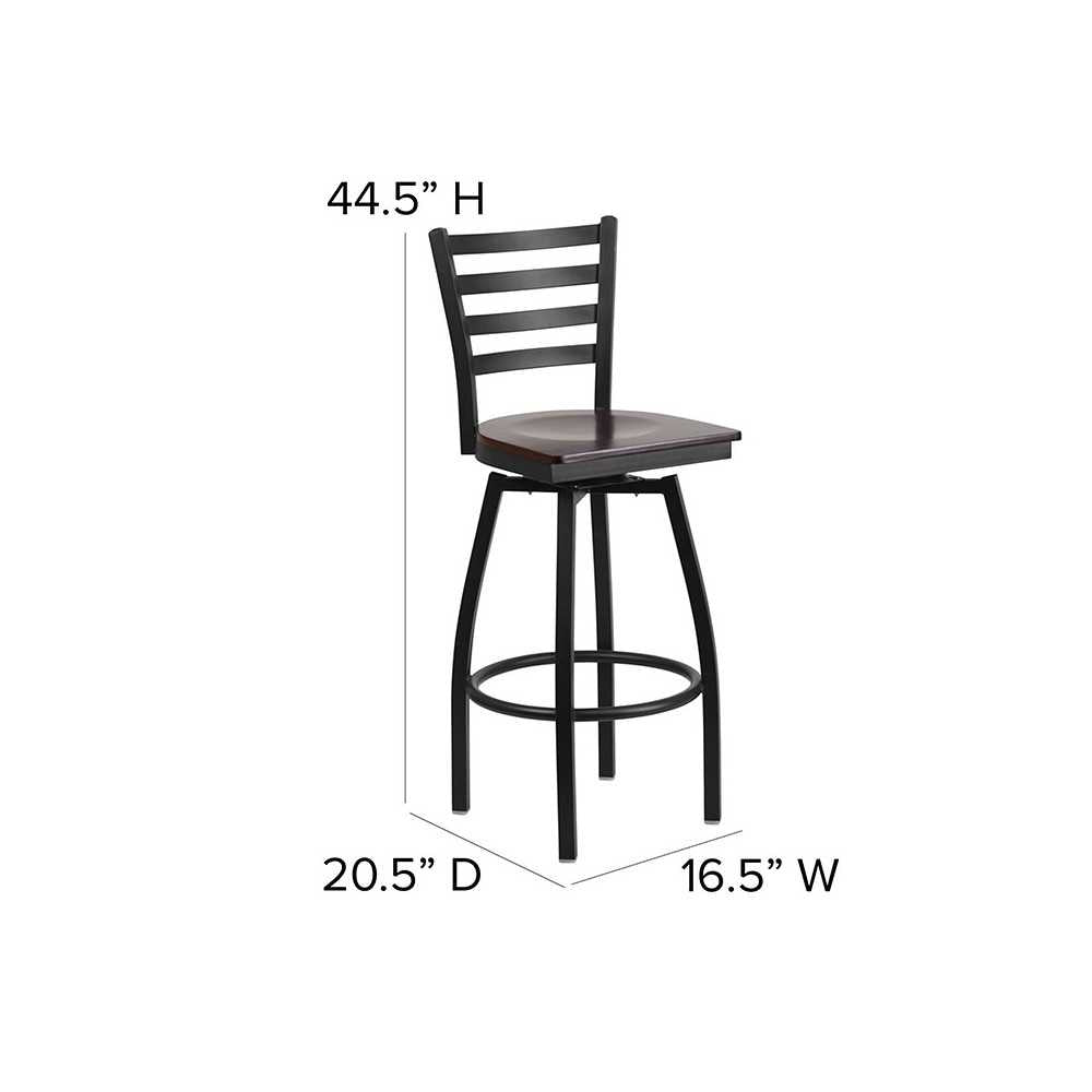 Black Ladder Back Swivel Metal Barstool - Walnut Wood Seat