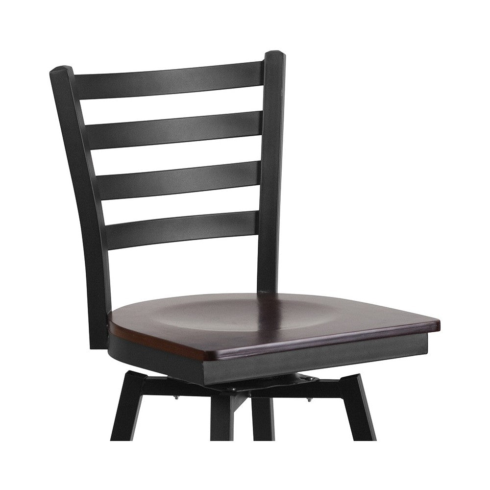 Black Ladder Back Swivel Metal Barstool - Walnut Wood Seat