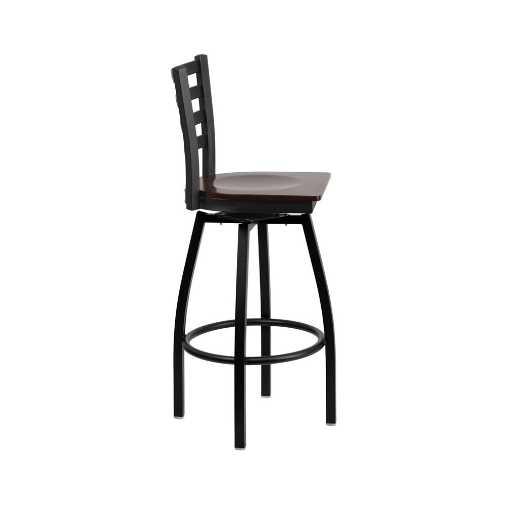 Black Ladder Back Swivel Metal Barstool - Walnut Wood Seat