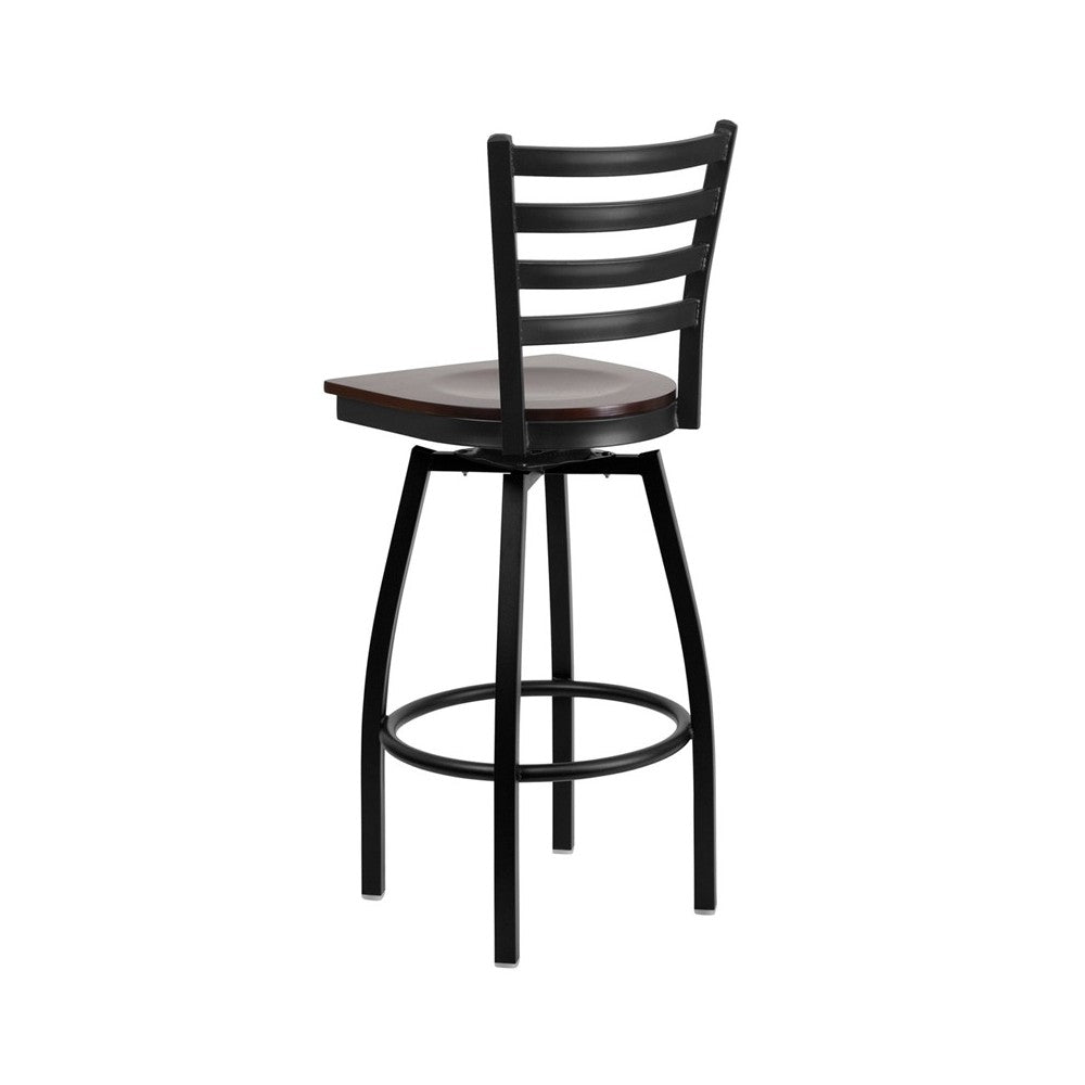 Black Ladder Back Swivel Metal Barstool - Walnut Wood Seat