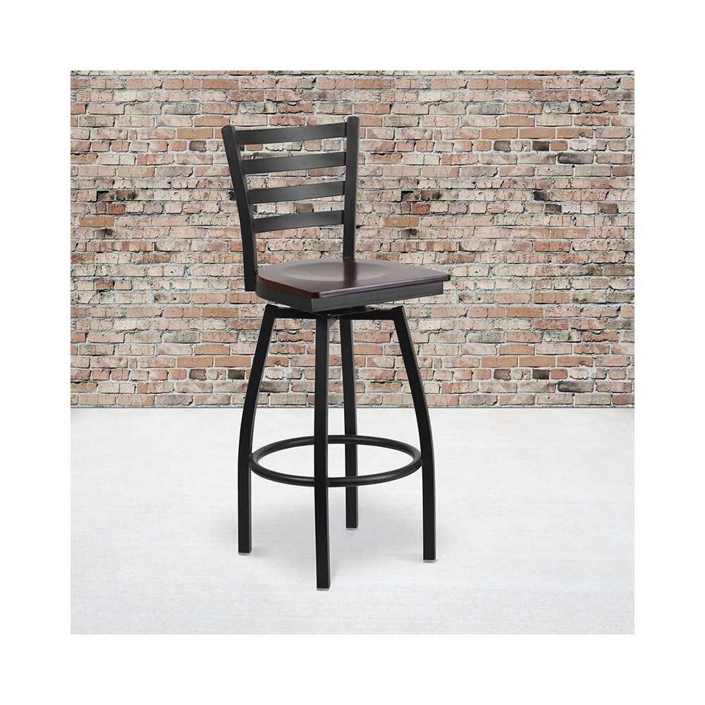 Black Ladder Back Swivel Metal Barstool - Walnut Wood Seat