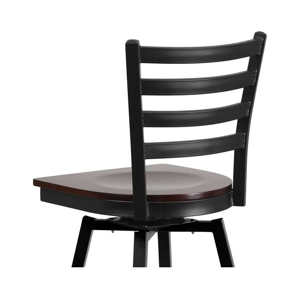 Black Ladder Back Swivel Metal Barstool - Walnut Wood Seat