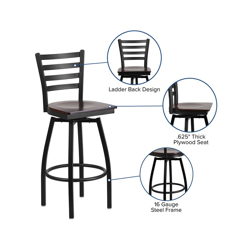 Black Ladder Back Swivel Metal Barstool - Walnut Wood Seat