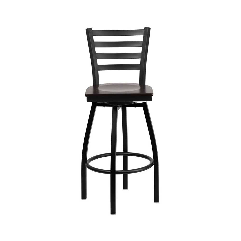 Black Ladder Back Swivel Metal Barstool - Walnut Wood Seat