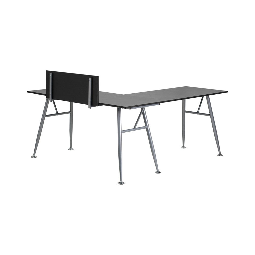 Black Laminate L-Shape Computer Desk with Silver Metal Frame