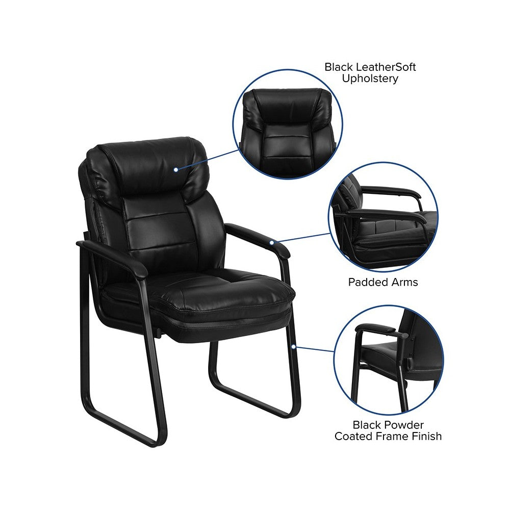 Black LeatherSoft Executive Side Reception Chair with Lumbar Support and Sled Base