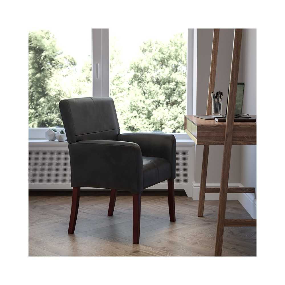 Black LeatherSoft Executive Side Reception Chair with Mahogany Legs