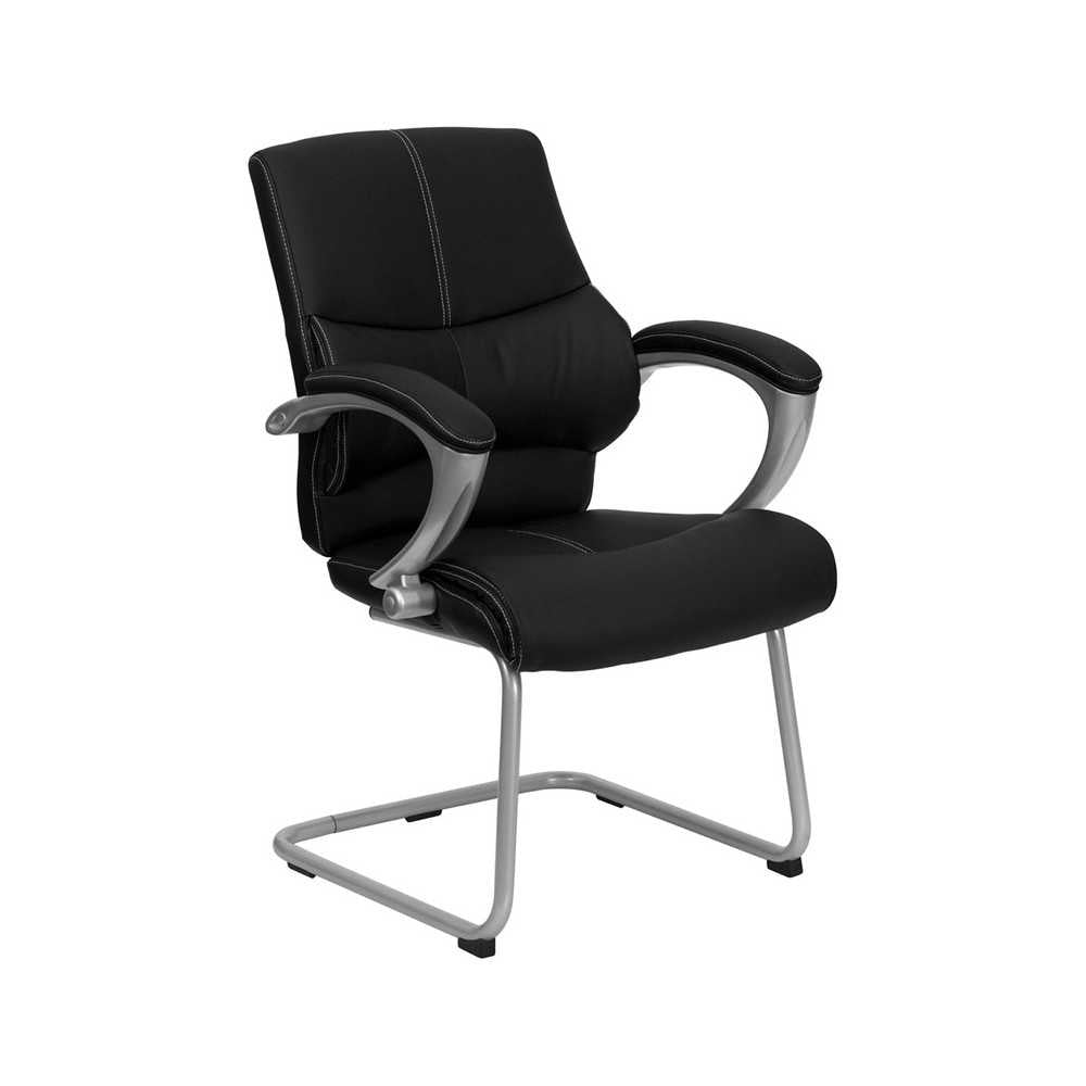 Black LeatherSoft Executive Side Reception Chair with Silver Sled Base